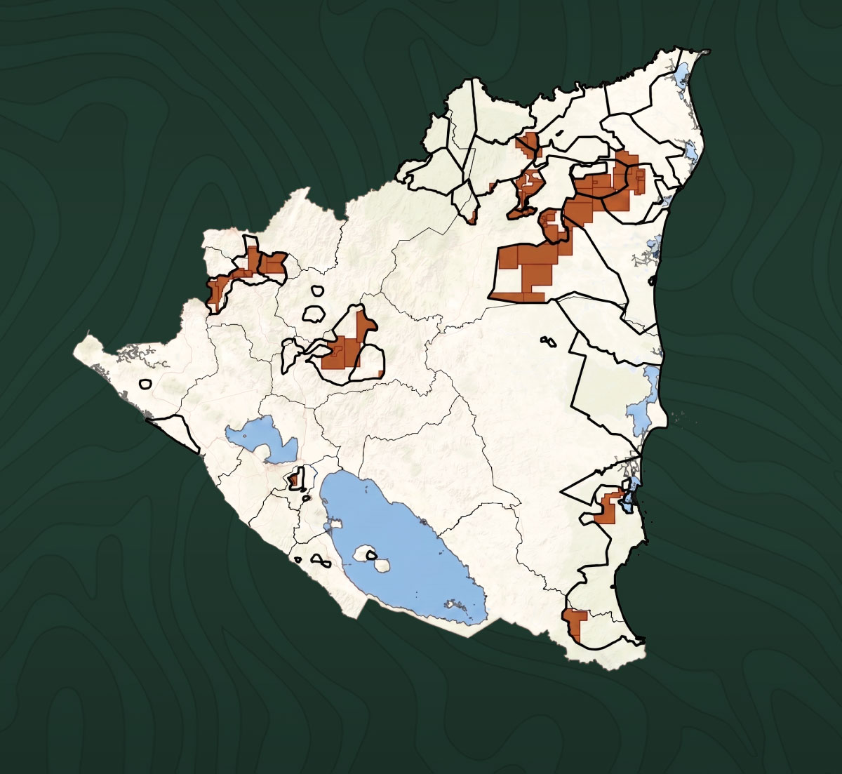 Mapa de Nicaragua con concesiones mineras superpuestas